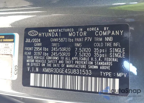 2025 Hyundai Palisade Xrt from USA, damaged, VIN KM8R3DGE4SU831533